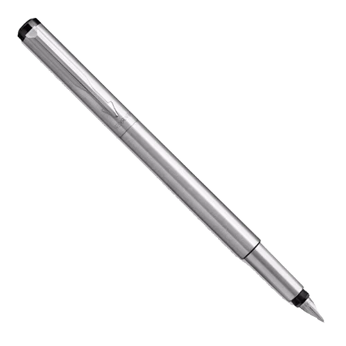 A Luxury Silver Fountain Pen With A Sleek, Elegant Design. The Parker Pen Is Capped And Lies Diagonally Against A Plain Background, Showcasing Its Shiny Metal Finish And Fine Nib.