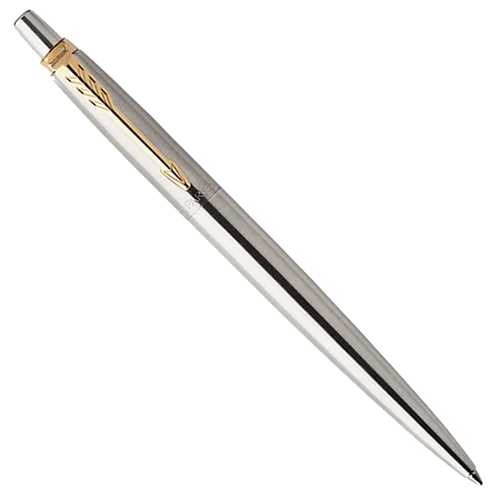 A Sleek Silver Parker Ballpoint Pen With Gold Accents On The Clip And Tip, Shown Against A Plain White Background.
