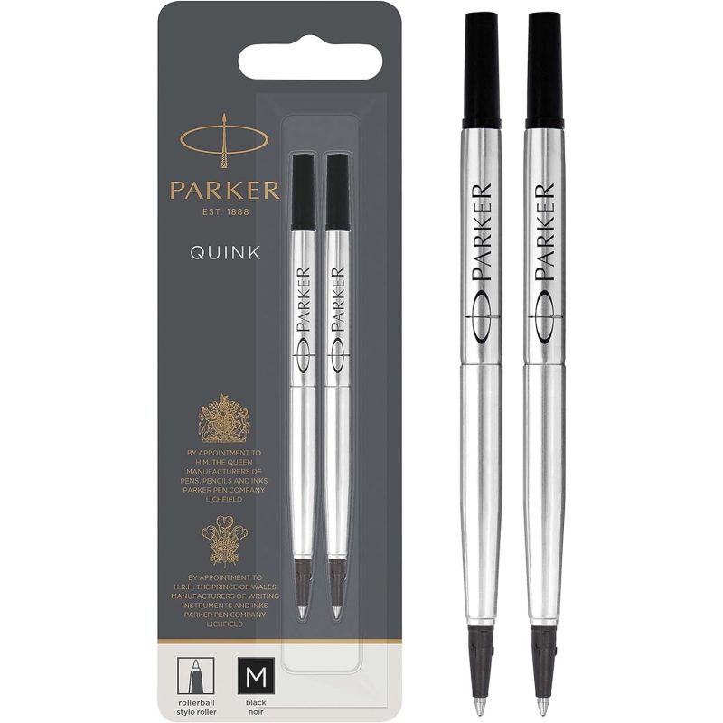 Set of two luxurious Parker Ballpoint Refills in black ink with a medium tip, tastefully showcased with their gray packaging featuring gold and white accents. The prominent Parker branding adds an element of sophistication, ideal for those who value elegance.