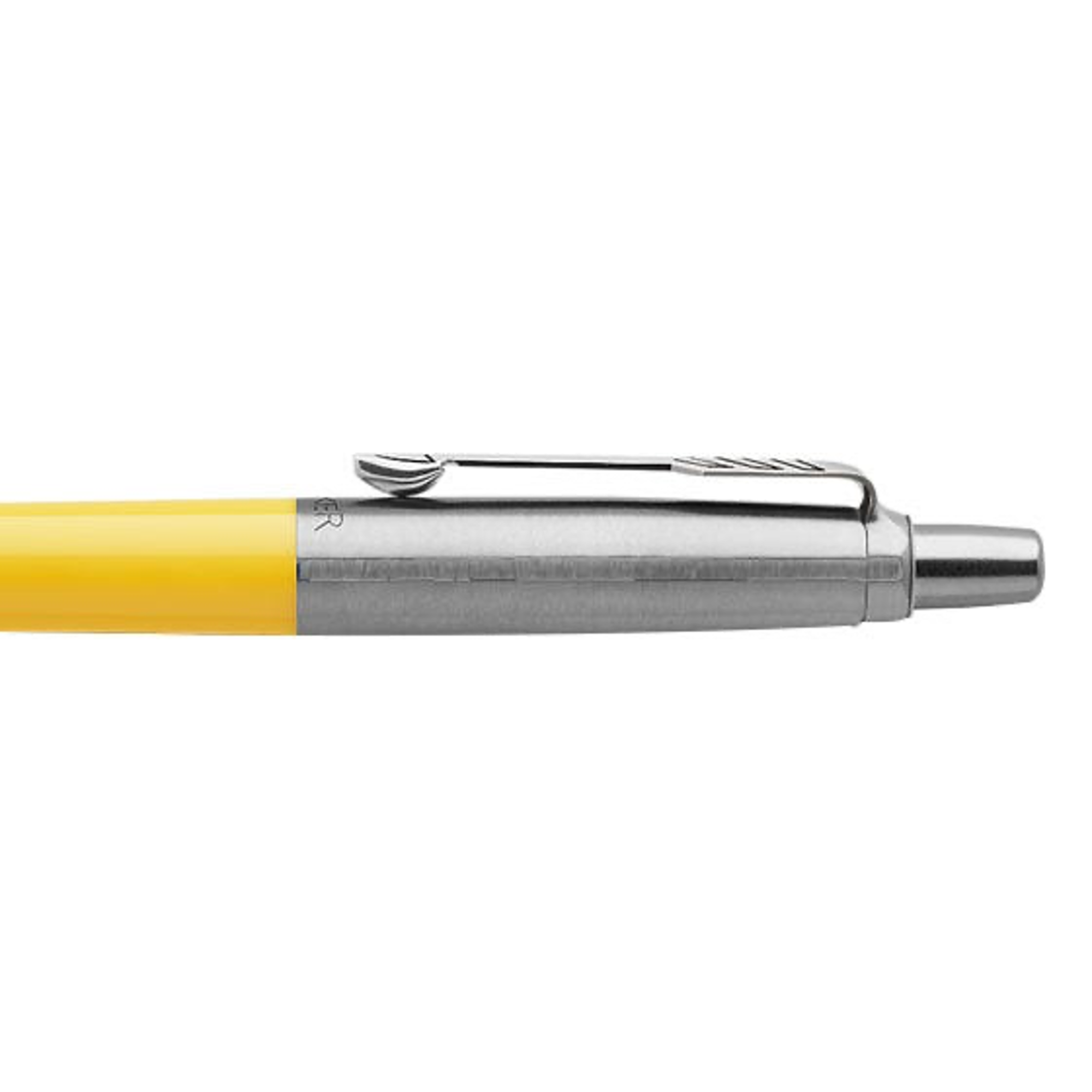 A Parker Jotter Blue Ballpoint Pen featuring a yellow barrel with a stainless steel clip and push button, displayed horizontally showcasing its top half.