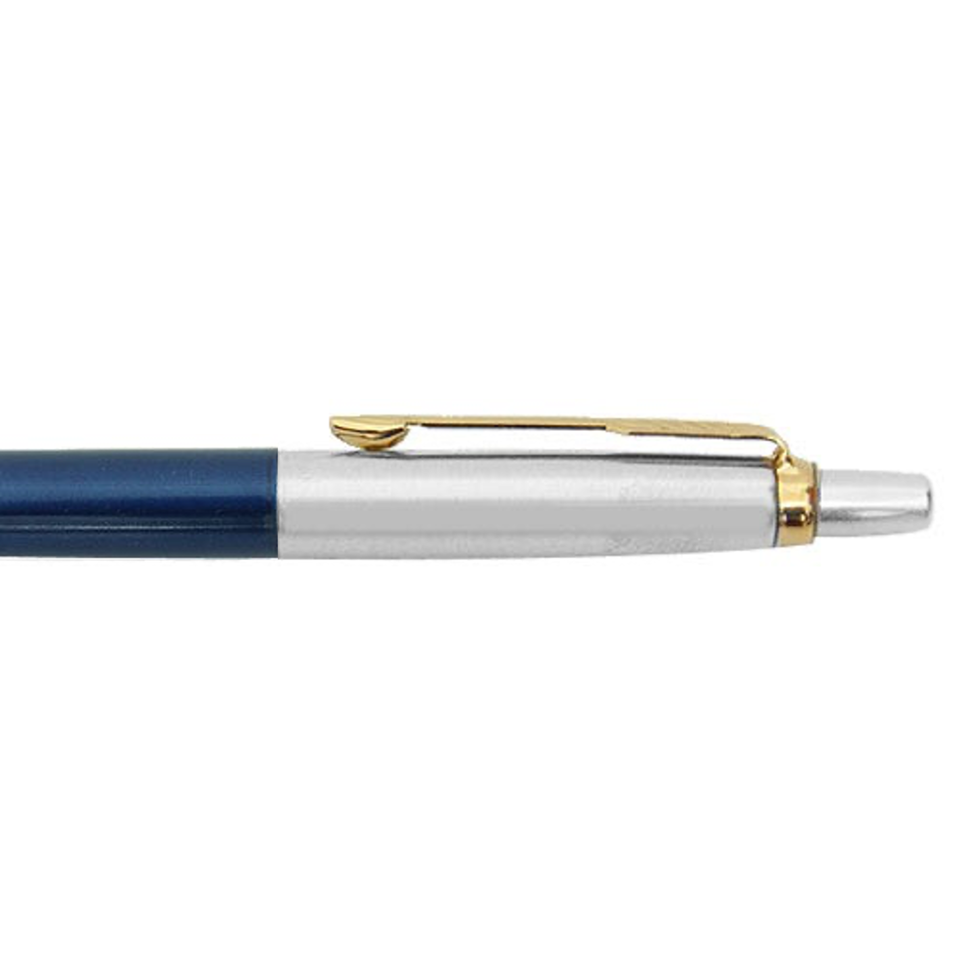 A close-up of a Parker Jotter Blue Ballpoint Pen showcasing its personalized design, with a blue barrel, silver middle section, and gold clip. The pen's tip is elegantly capped with a silver piece, offering a sleek and simple appearance.