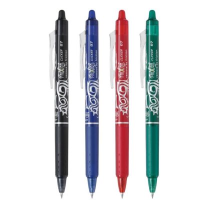 A row of four Pilot friXion Clicker Pens, each one in black, blue, red, and green, showcases a clear clip and a visible ink indicator near the top. The pen barrels are adorned with decorative white patterns and text.