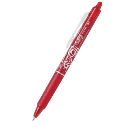A Frixion Clicker Red pen featuring a retractable design, a decorative design on the barrel, and a white clip. It has a transparent grip section and is marked with "Frixion" and "0.7" in white.