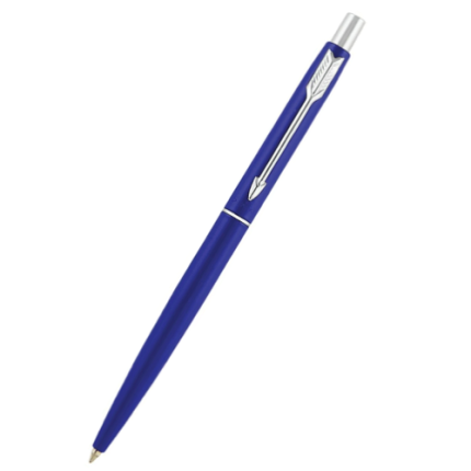 Introducing the Parker Classic Chrome Silver Ballpoint Pen—an elegant luxury pen featuring a striking blue design, a silver tip, and a distinctive silver arrow-shaped clip. Its click mechanism at the top enhances its refined appeal, staying true to Parker's timeless style.
