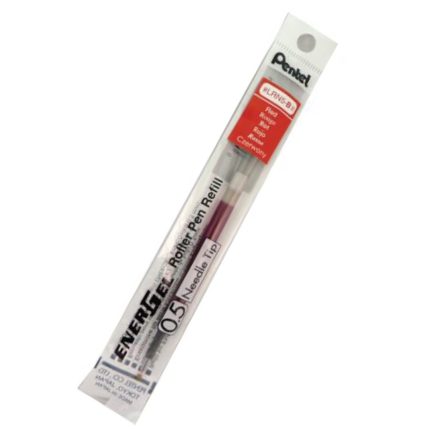 Package of LRN5 Red Pentel EnerGel roller pen refills, featuring a 0.5 mm needle tip and red ink. The clear packaging displays product information in black, red, and white text.