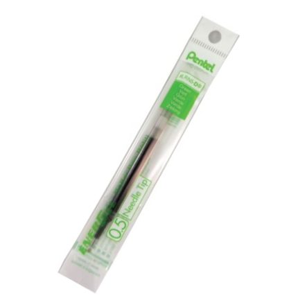 Packaging of the LRN5 Green Pentel pen refill with a 0.5 mm point size. The packaging is transparent with green and white accents, displaying the refill inside.