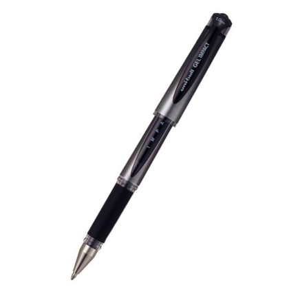 The Ub188 Black, a retractable gel pen, is displayed at an angle against a white background. It features a shiny clip and a textured grip near the tip.