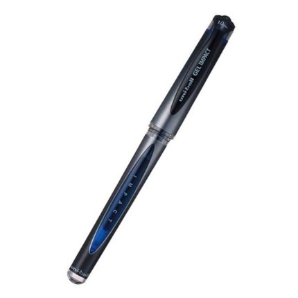 A black gel pen featuring a transparent cap and metallic accents, with the product name "Ub188 Blue" and "1.0" printed on it to indicate the ink tip size.