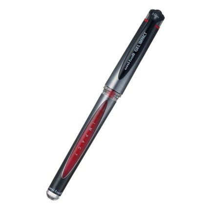 The Ub188 Red is a black and red gel pen featuring the word "Impact" on its barrel, along with a transparent cap, silver clip, and red ink window.