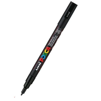 The pc-3m Black paint marker features a fine tip with the brand displayed in colorful letters on the barrel, and its cap is securely fastened.