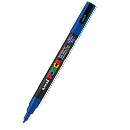 A Uni Posca PC-3M paint marker, named "pc-3m Blue," is showcased diagonally with its distinctive black body and blue cap and tip. The label prominently displays the brand name in vibrant letters, emphasizing the marker's precision for detailed markings and artwork on a range of surfaces.