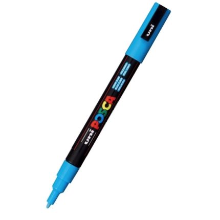 Image of a light blue pc-3m Uni Posca marker pen with a black body, exhibiting colorful branding and displaying a visible light blue cap at one end, positioned diagonally against a white background.