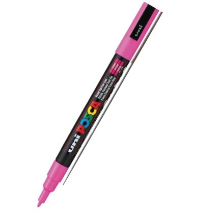 The pc-3m Pink Uni Posca paint marker features a fine tip, ideal for detailed artwork. Its elegant black body is adorned with colorful logo text and product information, while the pink cap and tip clearly denote the vibrant ink color within.