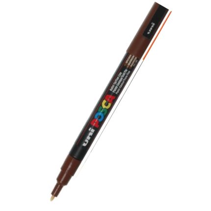 A Uni Posca pc-3m Brown paint marker with a fine tip is displayed against a white background, featuring a label with colorful text.