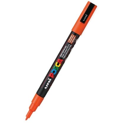 The pc-3m Orange paint marker, featuring an eye-catching orange cap and tip, is highlighted against a pristine white background with its body gracefully tilted, showcasing vibrant branding text.