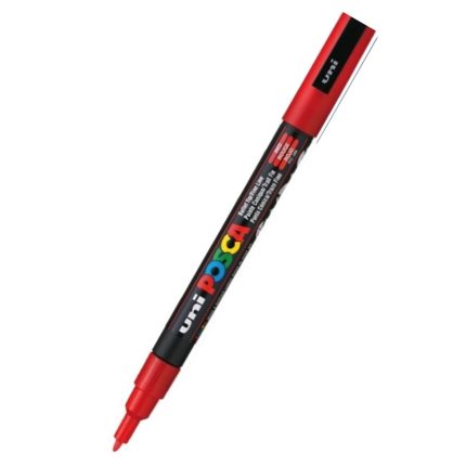 Displayed against a white background is the pc-3m Red paint marker, featuring a sleek black body adorned with vibrant POSCA branding and topped off with a red cap securely placed on the opposite end of the tip.