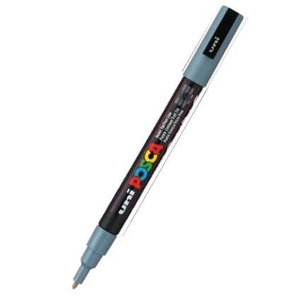 The image presents a grey Uni Posca paint marker, specifically the PC-3M model, featuring a fine tip and vibrant branding on the barrel. The cap is conveniently attached to the end of the pen, with "Uni Posca" prominently displayed.