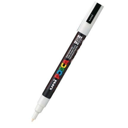 A pc-3m White Posca paint marker features a striking POSCA branding along its side, complete with a black body, and showcases precision and creativity in every stroke. The marker is positioned diagonally on a pristine white background.
