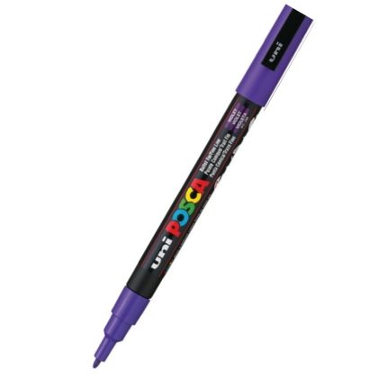 The cap is off, showcasing the fine point of the pc-3m Purple paint marker, which features a black barrel and colorful logo.