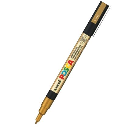 The pc-3m Gold paint marker, a fine-tipped Uni POSCA instrument with a black cap and vibrant branding on its body, is set diagonally against a white background.