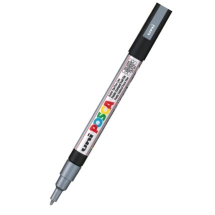The pc-3m Silver Uni Posca paint marker features a fine tip and a multicolored label. Designed for detailed artwork and writing, it includes a removable cap for precision.