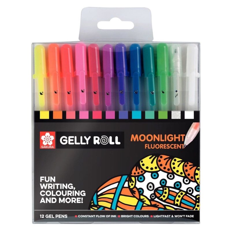 A Pack Of 12 Sakura Gelly Roll Moonlight 3D Effect Pens, Displayed With The Lid Open, Offers Vibrant Options For Writing And Coloring. These Colorful Pens Are Beautifully Arranged Above A Lively, Abstract Illustration That Sparks Creativity And Imagination.