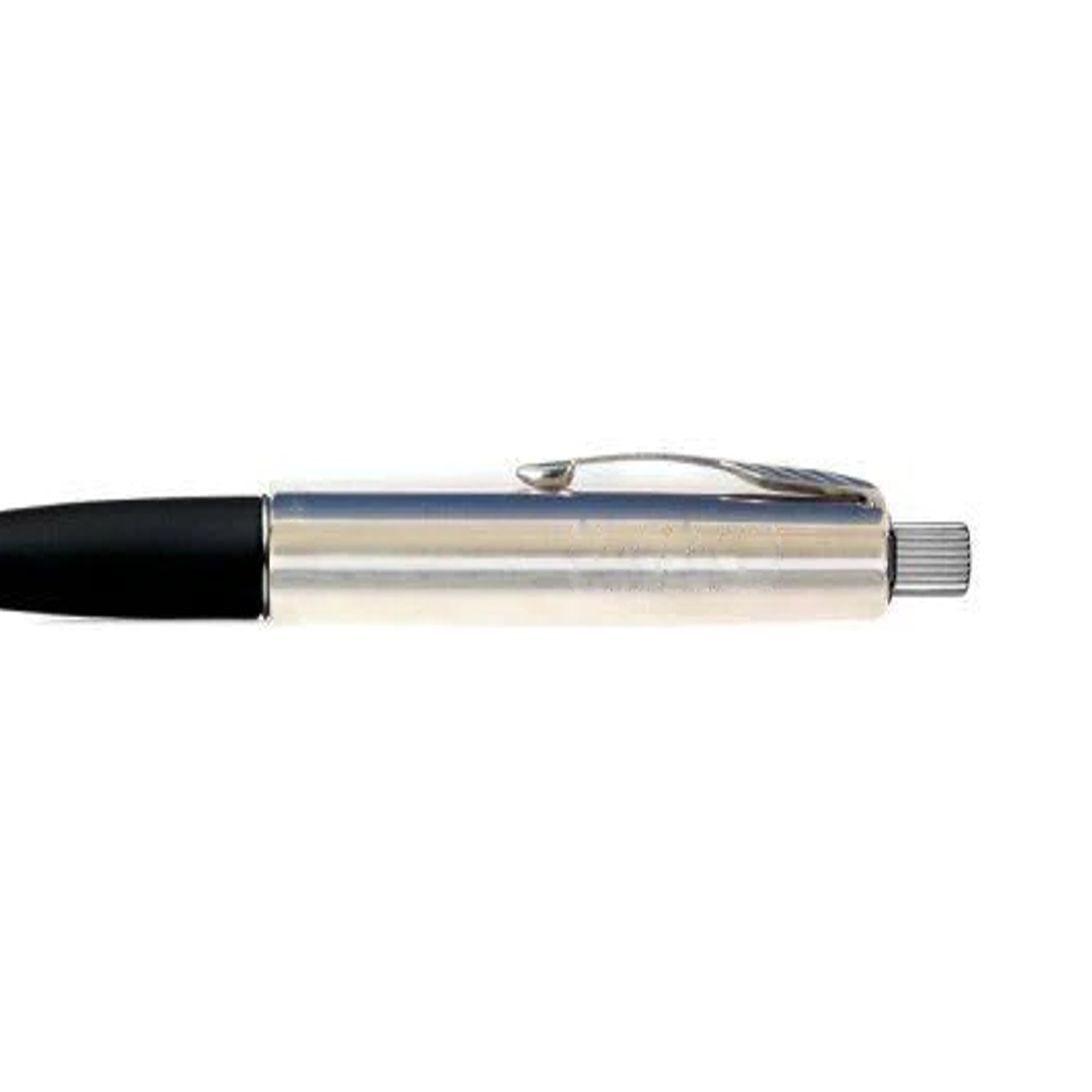 Close-up of the Parker Frontier Chrome Silver Ballpoint Pen, showcasing its sleek silver design with a black grip and a side clip. It features a polished metallic barrel and a retractable push-button at the top, with the tip concealed from sight.