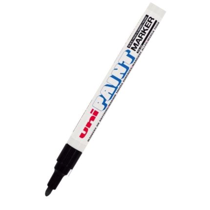 An image of a Uni Paint marker with a black cap and pen tip, resting diagonally. The marker has a white body with uni PAINT marker written in bold letters in blue and red.