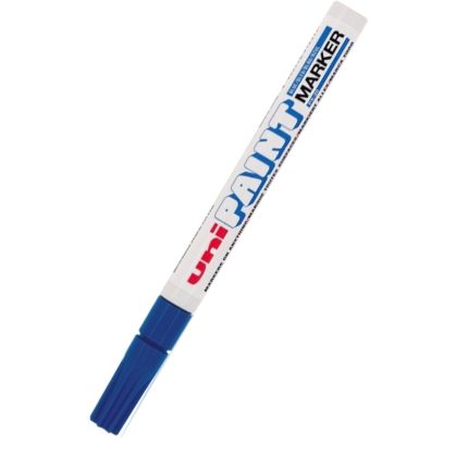 A PX20 Blue Uni Paint Marker is positioned diagonally on a pristine white background. Its cap is a vibrant blue, complementing the clean label that prominently reads "uni PAINT marker.