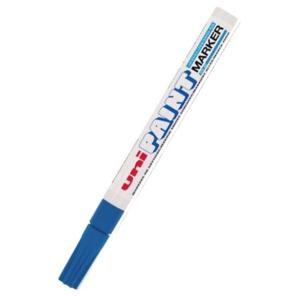 A light blue Uni Paint PX20 marker is lying diagonally, elegantly showcasing the brand name and the word "marker" printed on its white barrel.
