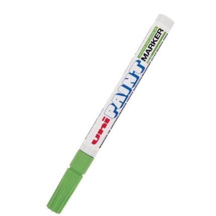 The px20 Light Green marker pen features a sleek white body. The word "Marker" is elegantly written in black and two-color text, with "uni" in vibrant red and "Paint" in bold blue. This versatile pen stands out against a plain white background, ready to meet your creative needs.