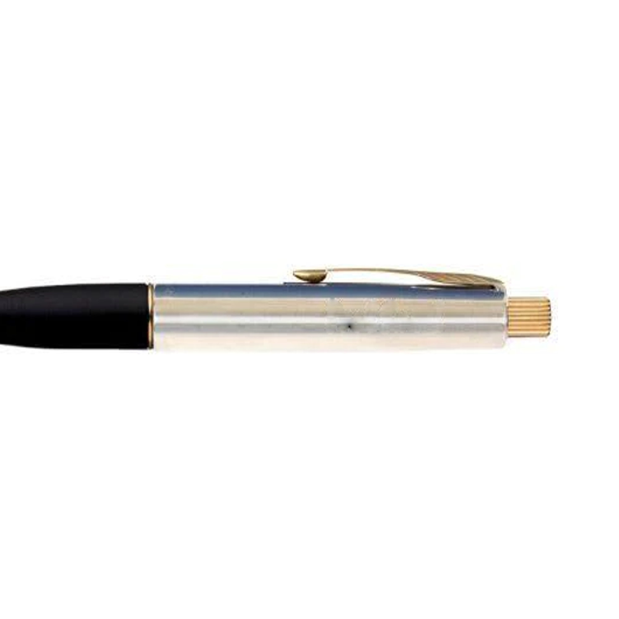 A close-up image of a Parker Frontier Chrome Silver Ballpoint Pen featuring a silver body with distinct detailing. It includes a gold clip and has a sleek finish. The pen is positioned horizontally against a white background.