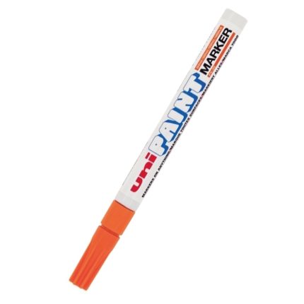 An orange Uni Paint Marker with a white body and text indicating the brand and product name, featuring the px20 Red model. The cap and tip are orange.