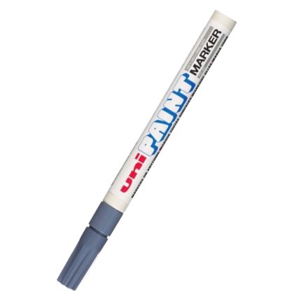 A Uni Paint Marker with a blue cap from the px20 White series is positioned diagonally against a white background, showcasing the brand name in different colors on its body.
