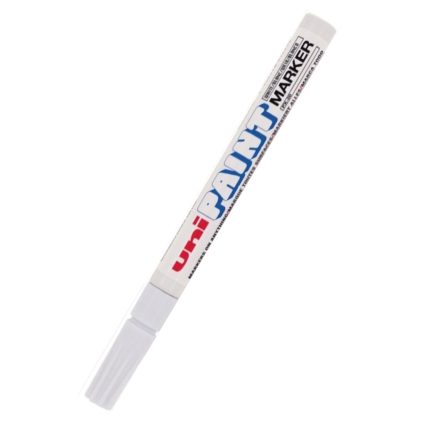 A purple Uni Paint PX20 marker with a sleek cylindrical design and a cap on one end, featuring the brand name in vibrant red and blue text.