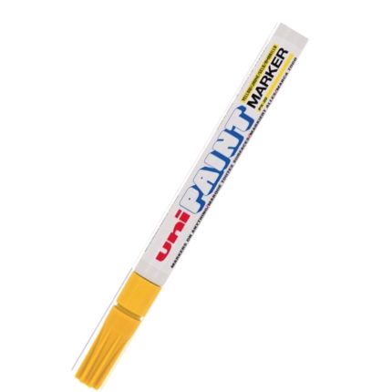 A gold Uni Paint marker PX20 with a matching gold cap lies against a white background. The pen features the words uni PAINT MARKER printed on it, showcasing uni in red, PAINT in blue, and MARKER in black.