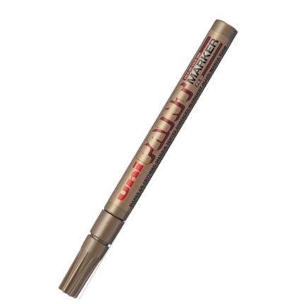A silver-colored Uni Paint Marker PX20 is shown against a white background. It features a rounded barrel with a removable cap at one end, and the label on the marker displays the brand name and other details.