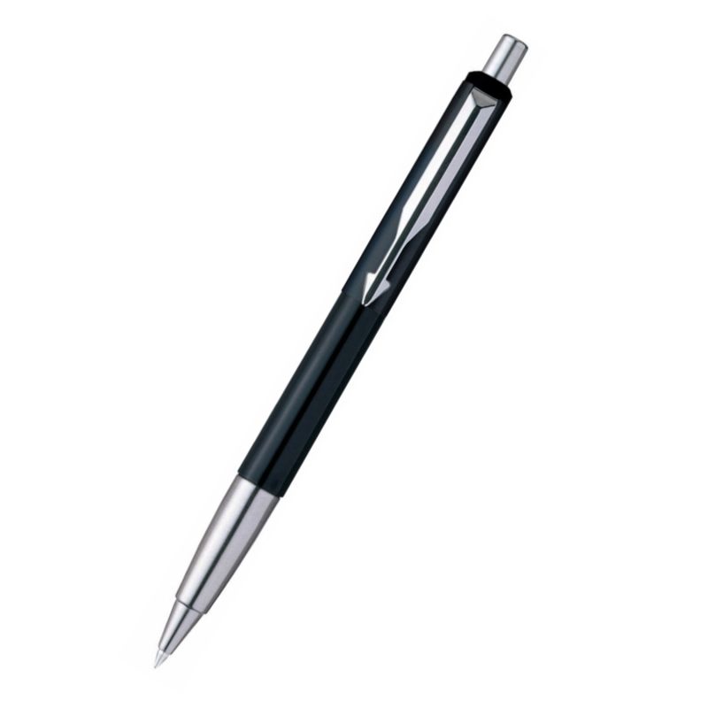 Introducing the Parker Vector Std Black Ballpoint Pen, featuring a sleek design with metallic accents and a retractable click mechanism. This luxury pen boasts a minimalist aesthetic and polished finish, providing an elegant writing experience.
