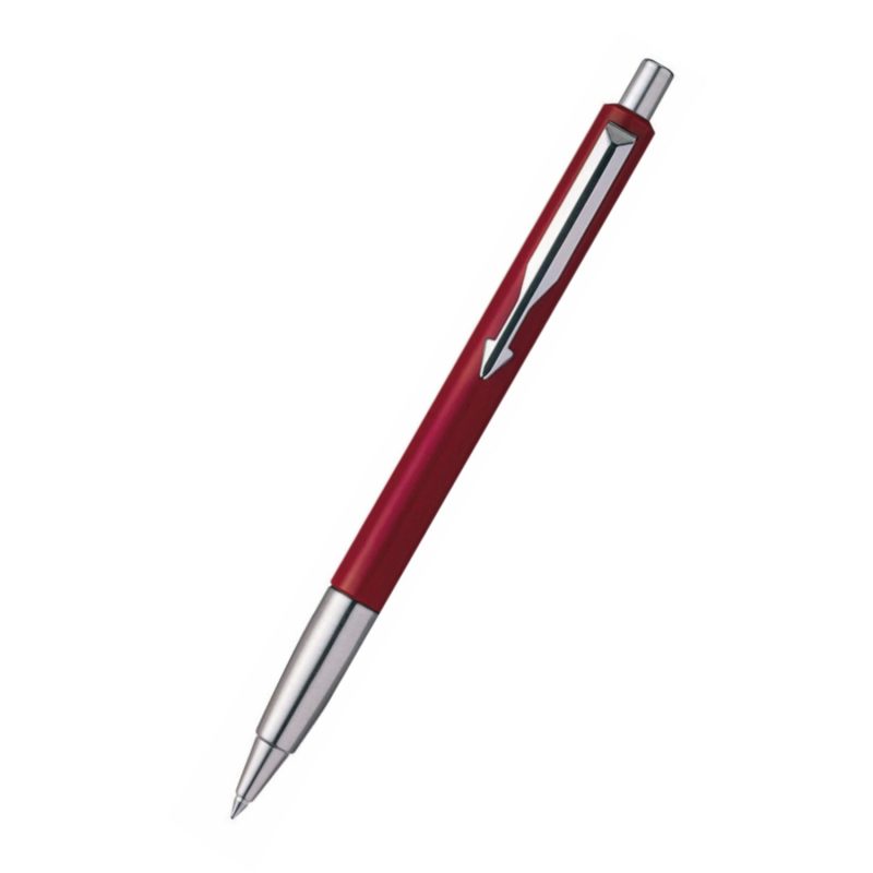 A sophisticated black ballpoint pen with a sleek metallic finish and a silver clip, reflecting Parker's timeless elegance, is depicted at a slight angle on a plain white background.