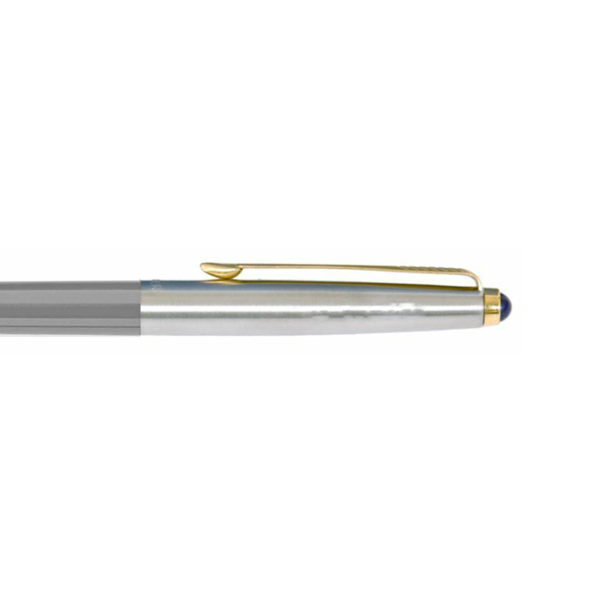 Introducing the Parker Frontier Chrome Silver Ballpoint Pen, featuring a retractable design in silver and gray with a distinguished gold clip and a blue tip. The pen's sleek and metallic aesthetic is beautifully captured from a side angle against a plain white backdrop.