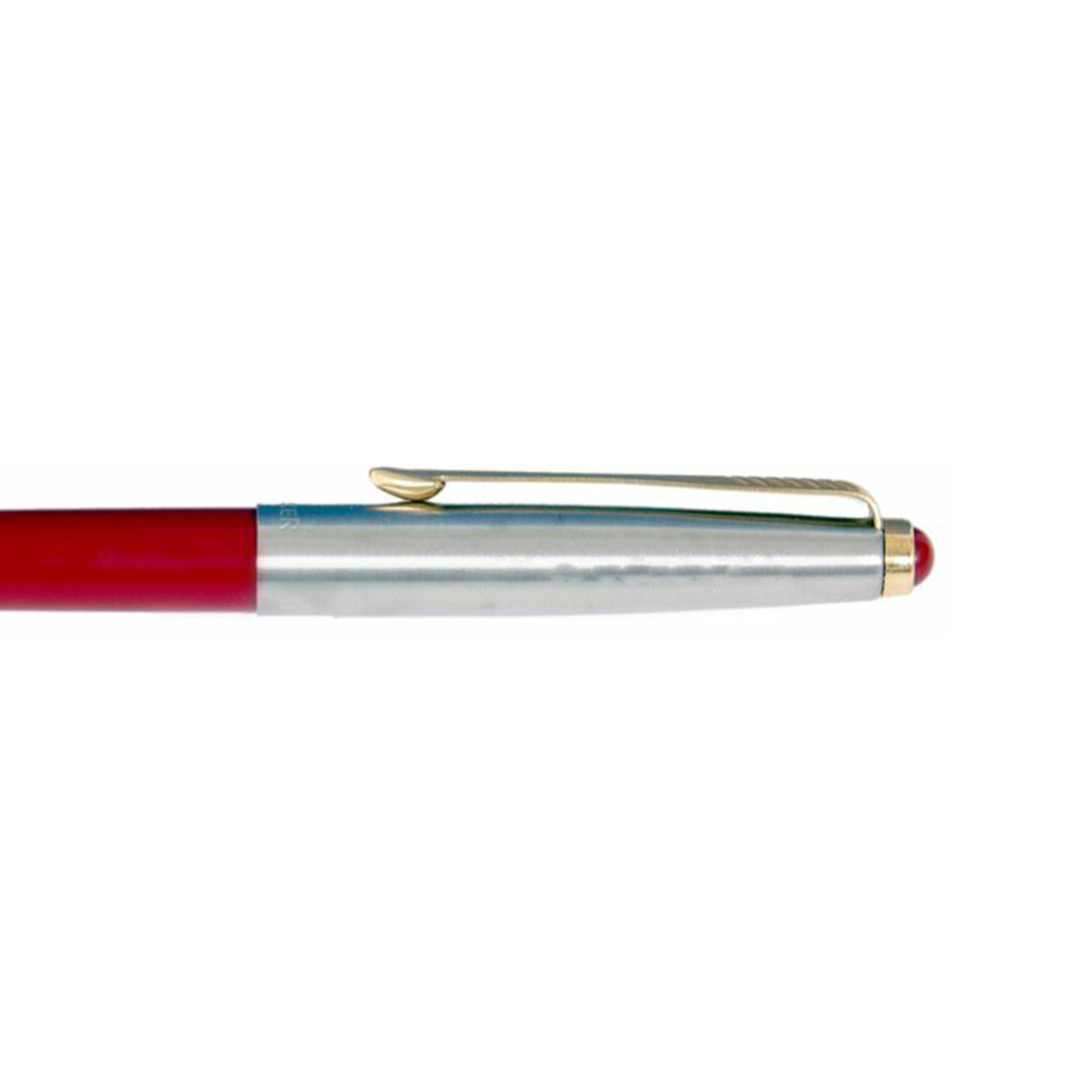 A close-up of a Parker Frontier Chrome Silver Ballpoint Pen with a red body and a silver cap, featuring a gold clip. The pen tip is not visible and it is set against a plain white background.