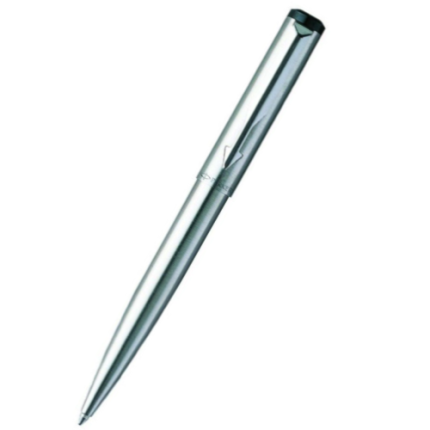The Parker Classic Chrome Silver Ballpoint Pen, with its sleek and luxurious design, features a shiny metallic finish and is displayed at an angle against a white background. This pen boasts a smooth, streamlined design with a retractable tip, ideal for those who value personalized touches in their writing instruments.
