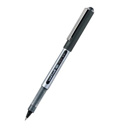 A Ub150 Black pen, featuring a silver barrel, clear grip, black lid with a metal clip, and 0.5mm micro tip, is displayed against a white background.