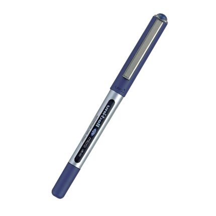 Introducing the Ub150 Blue, a meticulously designed blue and silver fine-tip pen featuring a clip on the cap for convenience and precision, complete with branding text along its body.