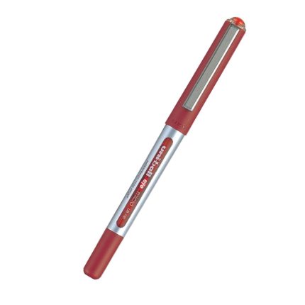 A red pen with a silver barrel, featuring a red cap and clip, labeled as Uni-ball Eye Micro UB-150.
