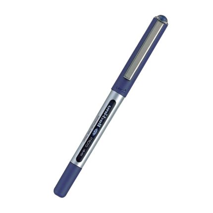 A Ub150 Black pen featuring a silver and blue design, with a blue cap and end, and a silver body adorned with black and blue labeling. The cap is equipped with a silver clip.