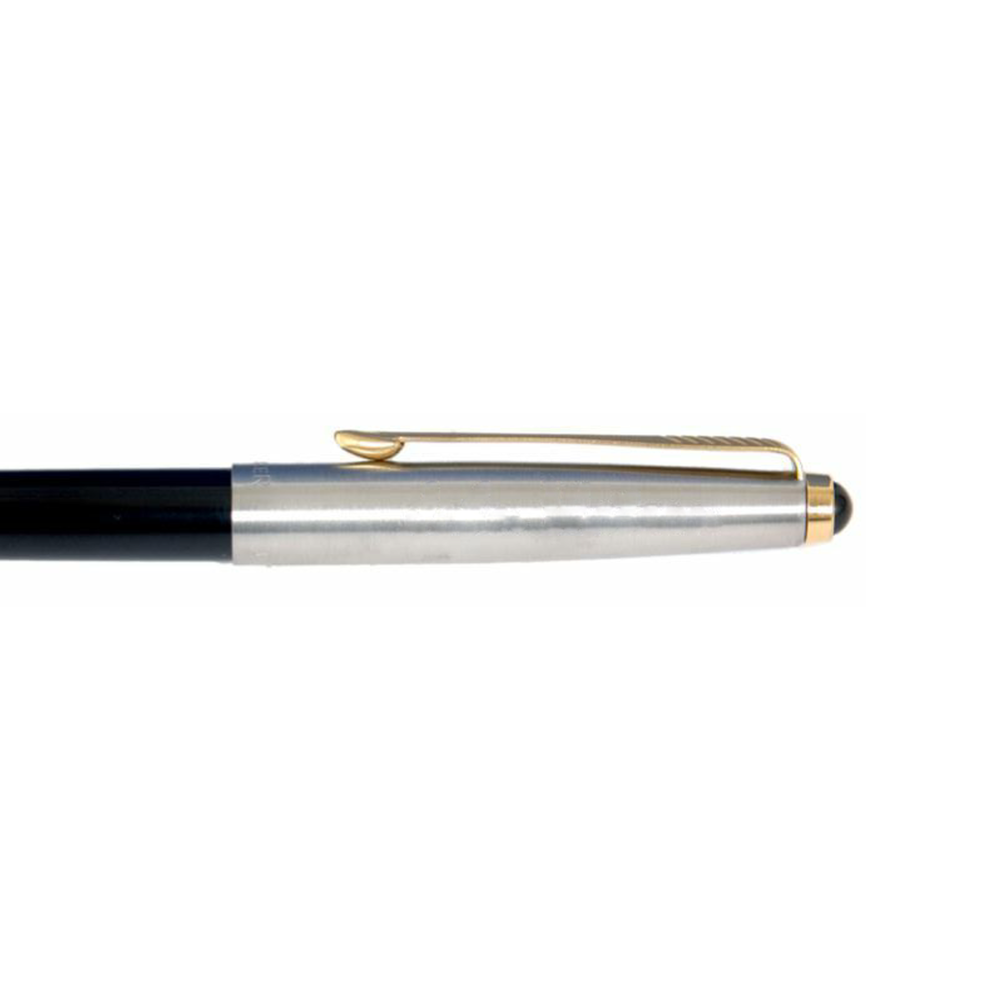 A close-up image features the Parker Frontier Chrome Silver Ballpoint Pen with a sleek, modern design, showcasing its striking silver and black finish accented by a gold clip on the cap against a white backdrop.