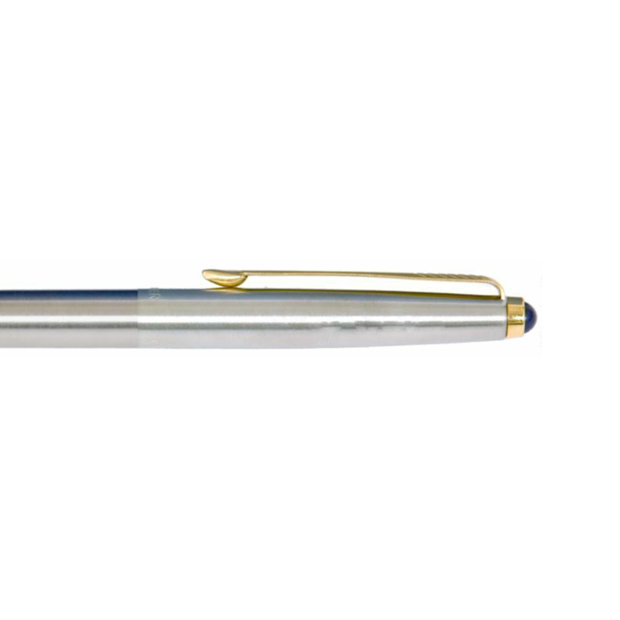 This image beautifully captures the timeless sophistication of the Parker Galaxy Black Ballpoint Pen, showcasing its sleek silver body with a blue tip and gold clip against a simple white background.