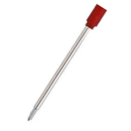 The Secretary Ballpoint Black Medium refill, compatible with various ballpoint pens, has a red plastic cap on one end. Its silver tip is crafted for smooth writing, and the cylindrical body features a sleek metallic finish. The image shows the refill set against a pristine white background.