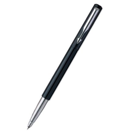 A sophisticated blue Parker Vector rollerball pen featuring a silver metal tip and a clip on the cap, exuding luxury against a plain white background.